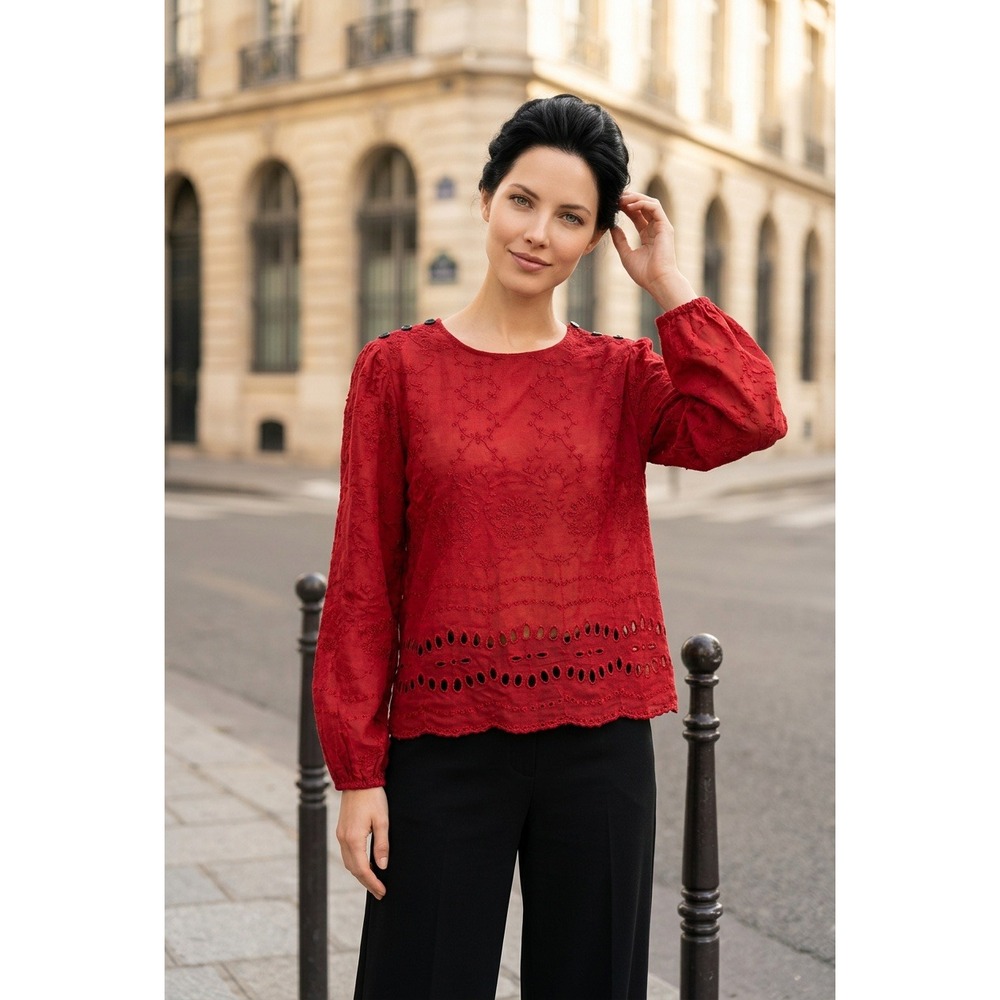J.Crew Red Embroidered Eyelet Long Balloon Sleeve Button Shoulder Top Sz Lg Boho